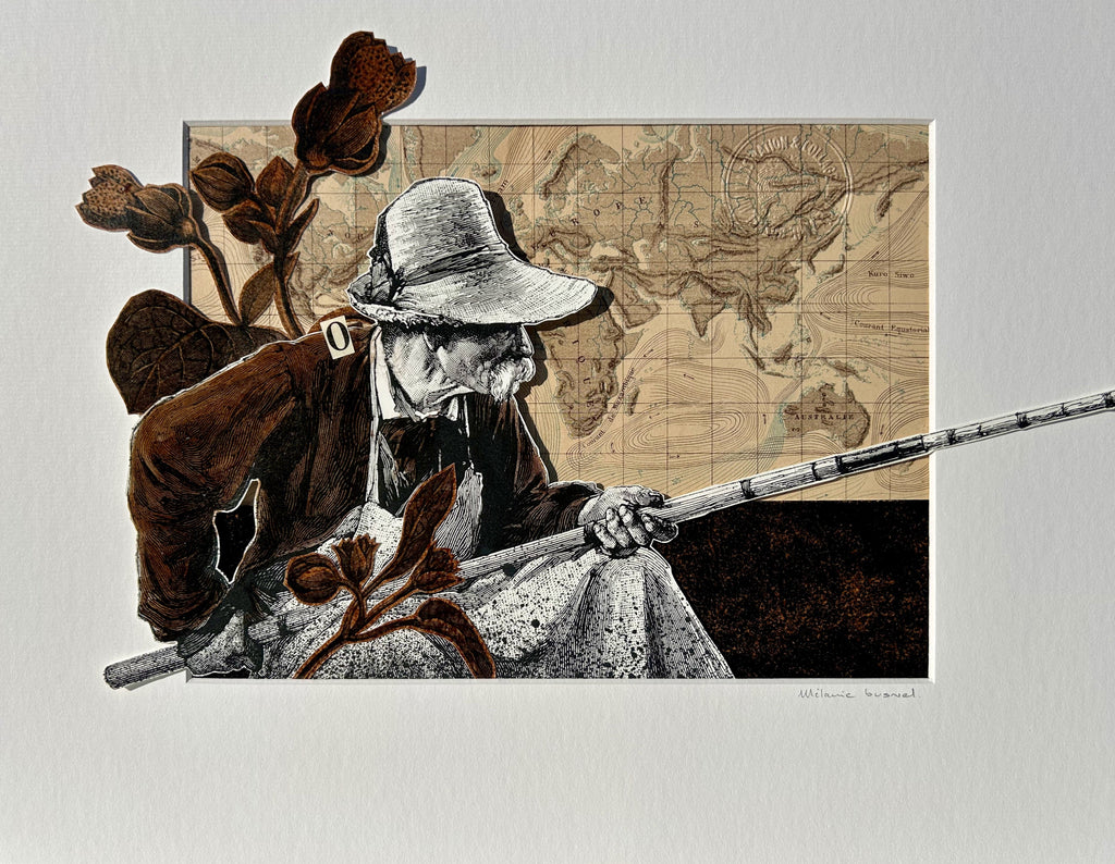 (sur passe-partout blanc, vue de face) : "Fisherman" collage sous et sur passe-partout, assemblage papiers anciens et papiers  gravures, 30x40 cm, signé Mélanie Busnel