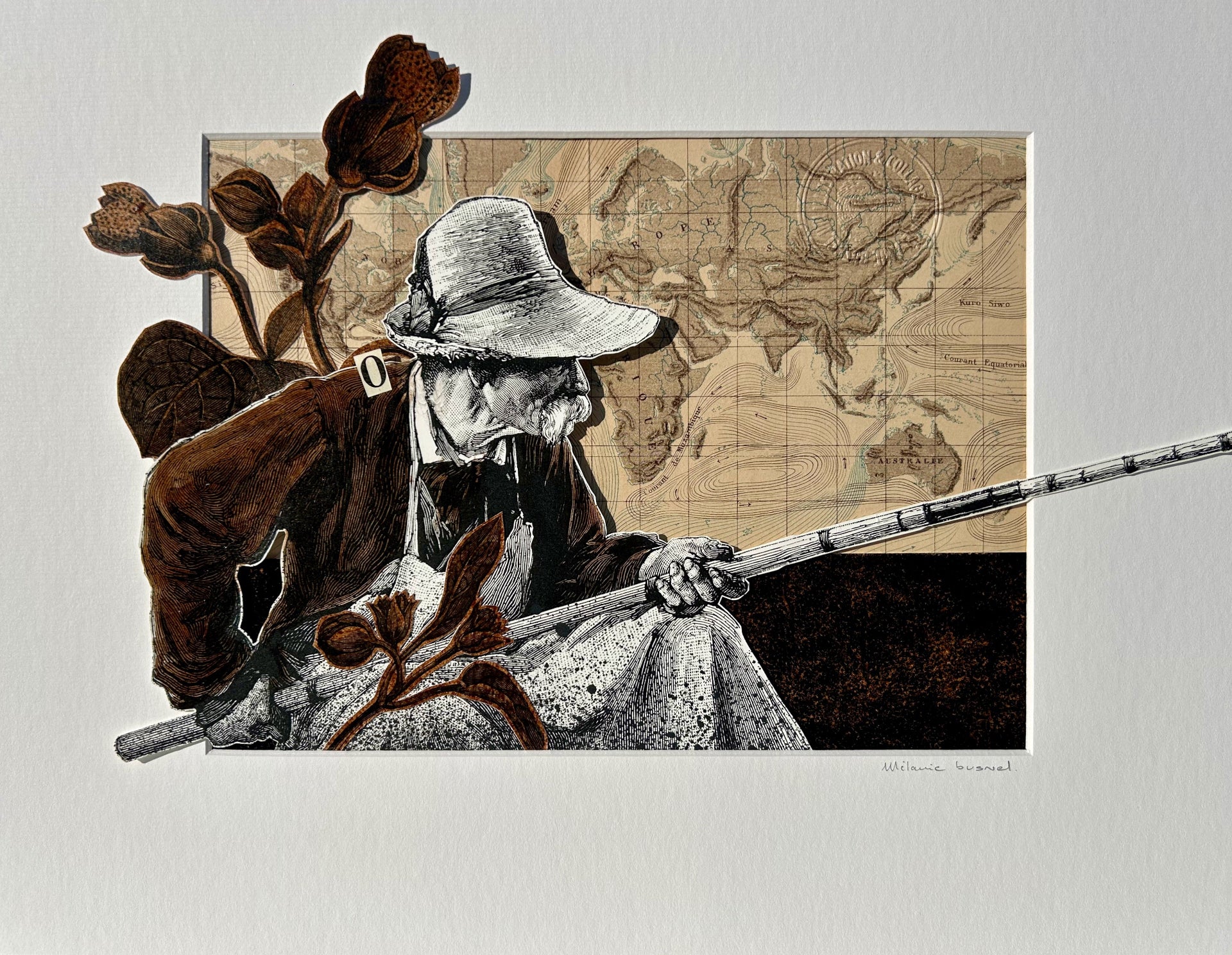 (sur passe-partout blanc, vue de face) : "Fisherman" collage sous et sur passe-partout, assemblage papiers anciens et papiers  gravures, 30x40 cm, signé Mélanie Busnel